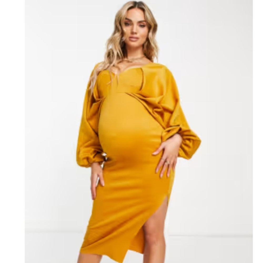 ASOS DESIGN Maternity batwing sweetheart neck bodycon midi dress Mustard  US 10